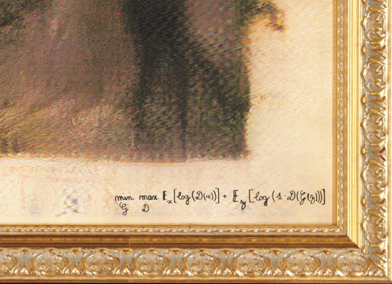 Detalle de la “pintura” –si se puede llamar así–. La firma de la obra es la fórmula algorítmica usada para producirla. Foto: Obvious