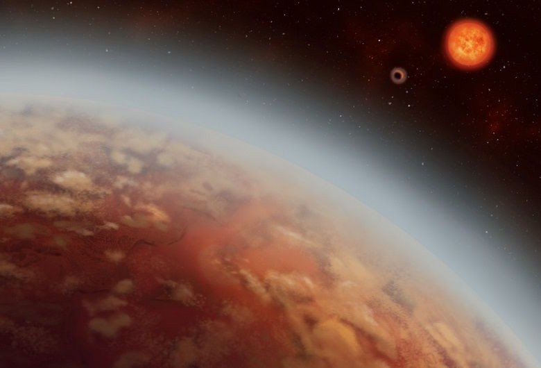 Dibujo del sistema en K2-18. Al fondo la estrella y el nuevo planeta. En primer plano la súper Tierra. Foto cortesía Alex Boersma