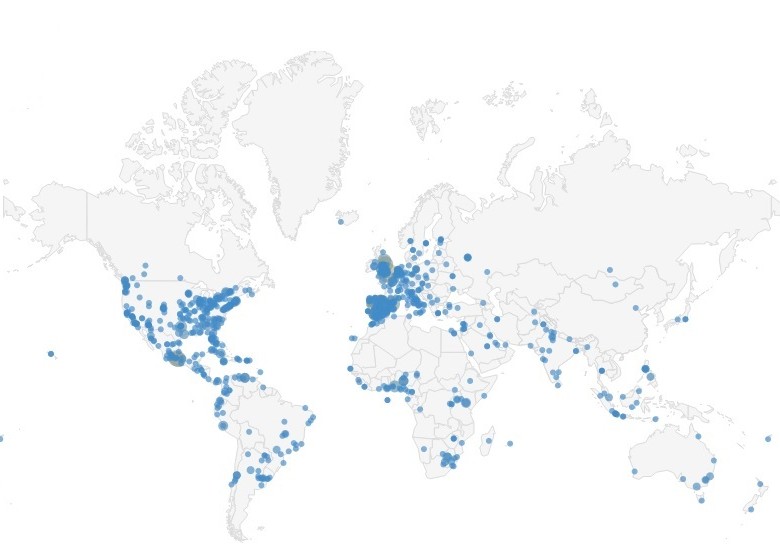 Distribución de tweets en el mundo con el hashtag Ébola.
