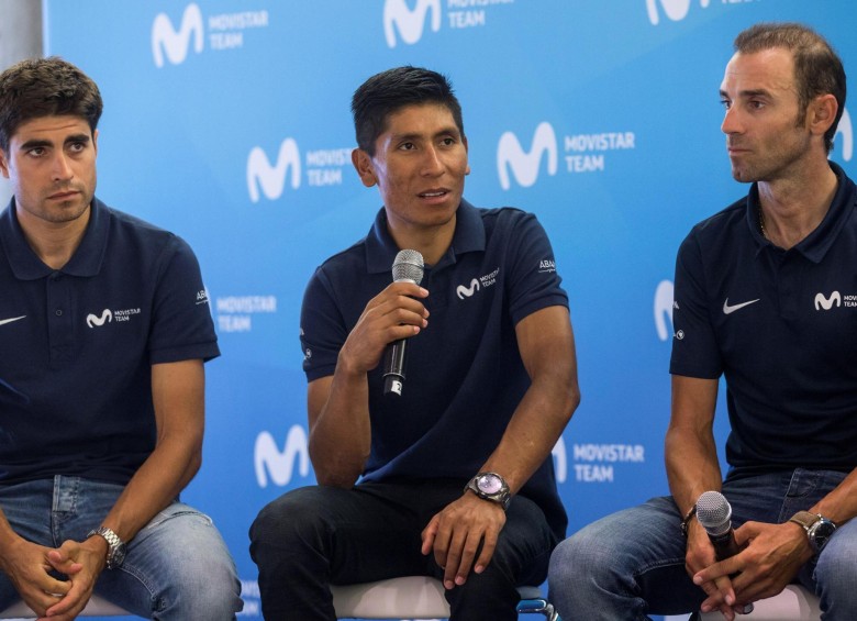 Mikel Landa, Nairo Quintana y Alejandro Valverde, las tres grandes figuras del equipo Movistar. FOTO EFE