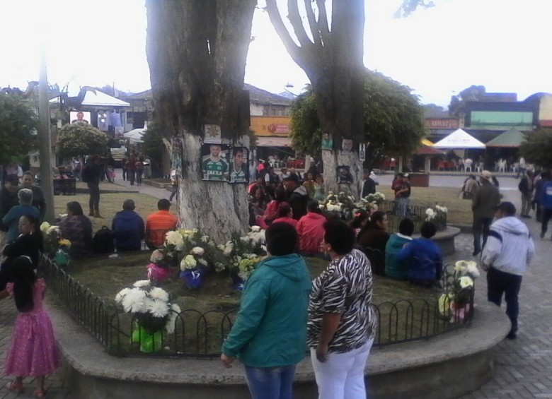 Las fotos de las víctimas del vuelo de LaMia en el Cerro Gordo de La Unión fueron puestas en el parque del pueblo. FOTO Cortesía