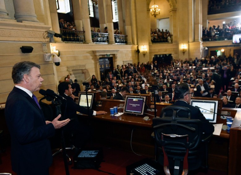 El presidente Juan Manuel Santos, durante su última intervención en el Congreso de la República. FOTO: Cortesía Presidencia de la República.
