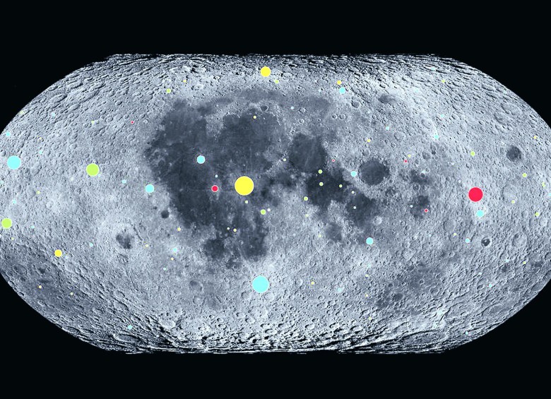 Mapa de los grandes impactos estudiados sobre la Luna, con base en los datos del orbitador LRO de la Nasa. Fueron más en los últimos 290 millones de años. FOTO Nasa/LRO/USGS/U. Toronto