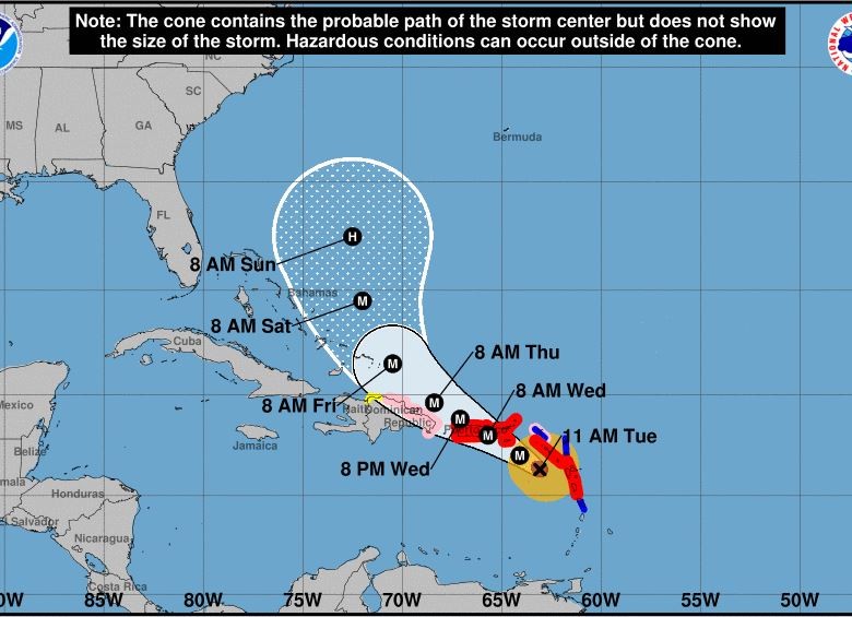 Trayectoria del huracán María proyectada por el Centro Nacional de Huracanes de Estados Unidos (NHC). 