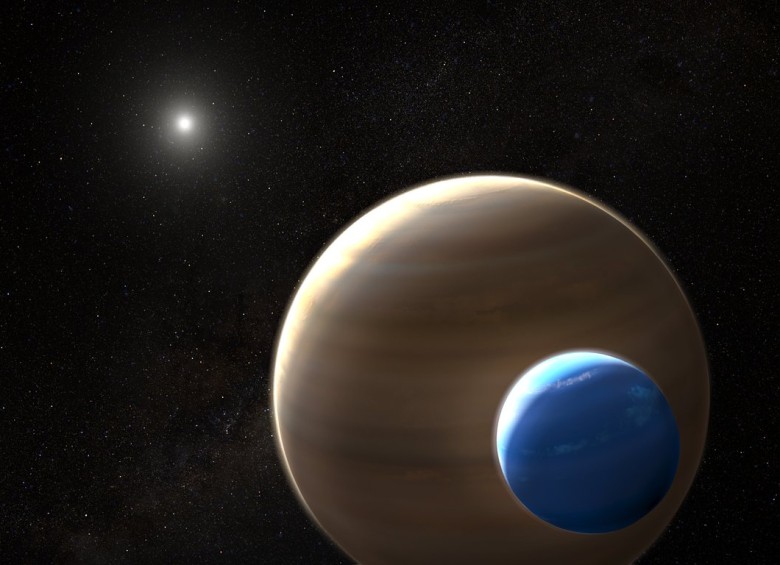 Ilustración de cómo podría lucir el planeta Kepler-1625b con su luna. Imagen ESA-Nasa