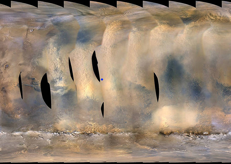 Secuencia de imágenes que muestra la tormenta que cubre la superficie marciana. El punto azul señala el sitio aproximado donde se encuentra Opportunity. FOTO Nasa