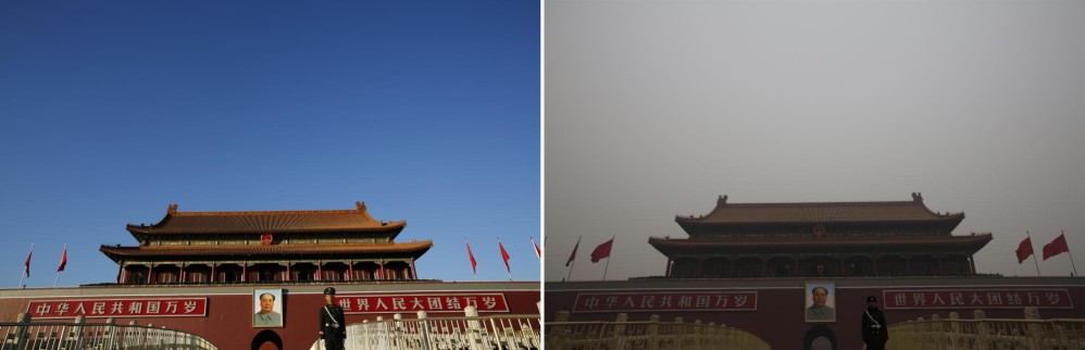 Puerta de Tiananmen. Imágenes tomadas el 17 de noviembre 2014 (r) y 15 de enero 2015 (d). FOTO Reuters