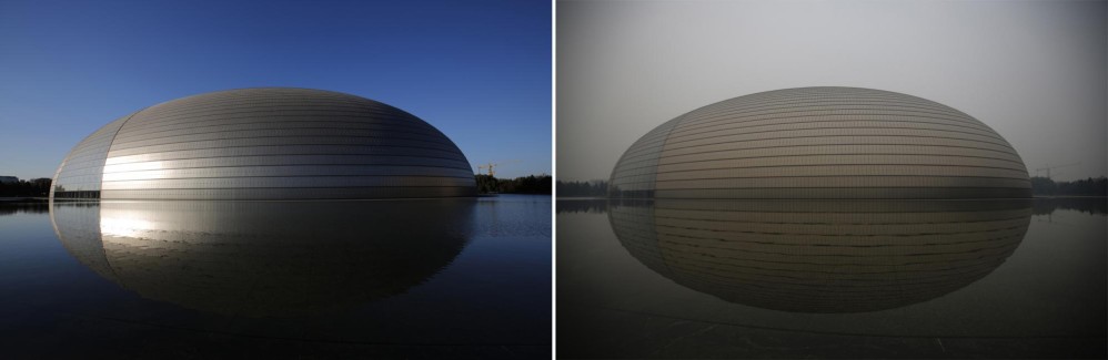 El Gran Teatro Nacional, que ha sido apodado “El Huevo”, en un día soleado y un día contaminado de Beijing. Imágenes capturada el 17 de noviembre 2014 (i) y 19 de noviembre 2014 (d). FOTO Reuters