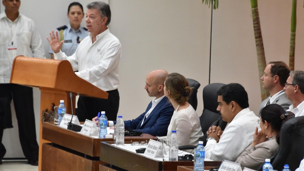 El presidente Juan Manuel Santos señaló durante su discurso que el acuerdo final será firmado en Colombia. FOTO AFP