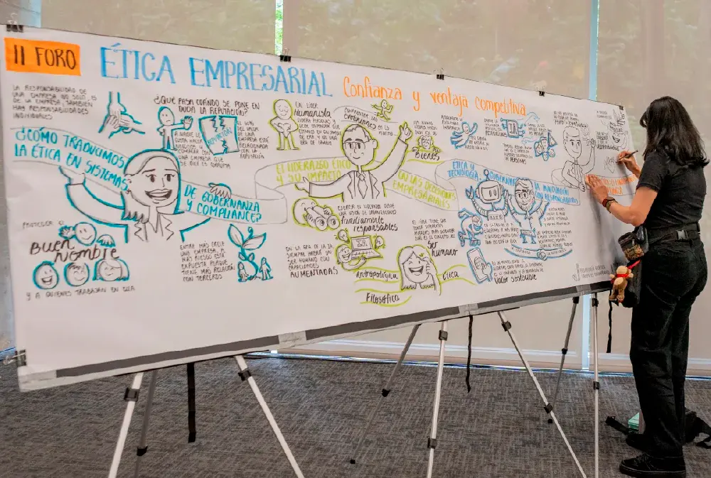 La ilustradora, Jenny Mancera, elabora en tiempo real la relatoría gráfica del foro, plasmando en papel las claves principales acerca de compliance, liderazgo humanista y valor sostenible compartidos durante la jornada.