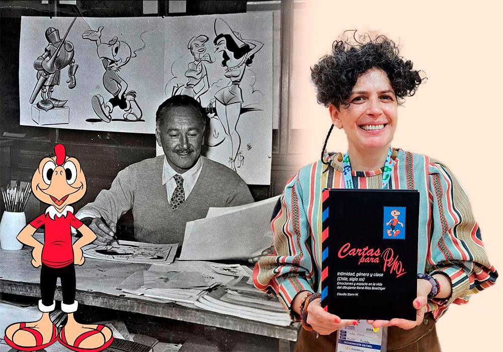 Al fondo el chileno René Ríos Boettiger con su mayor creación, Condorito. A la derecha la escritora Claudia Stern, autora del libro que explora la vida del dibujante latinoamericano. FOTOS Cortesía