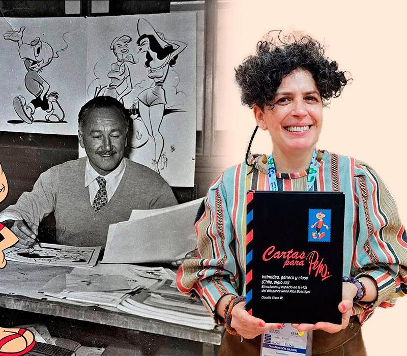Al fondo el chileno René Ríos Boettiger con su mayor creación, Condorito. A la derecha la escritora Claudia Stern, autora del libro que explora la vida del dibujante latinoamericano. FOTOS Cortesía familia Ríos Boettiger - Cortesía Claudia Stern