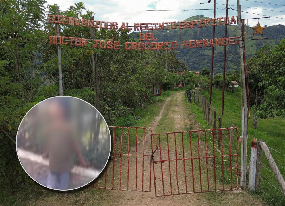 Adelante, la niña que deambulaba sola y desorientada en la zona. Atrás, la entrada del Recinto Espiritual del que habría escapado. Fotos: Manuel Saldarriaga y captura de video. 