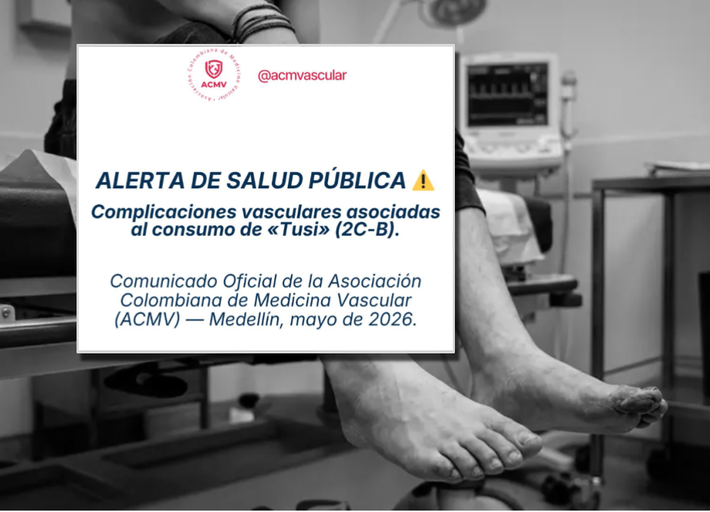 Cuatro jóvenes llegaron a urgencias en Medellín en las últimas semanas con isquemia aguda en sus extremidades. Todos habían consumido tusi. Foto: Ilustración generada con IA y captura de la alerta de redes sociales