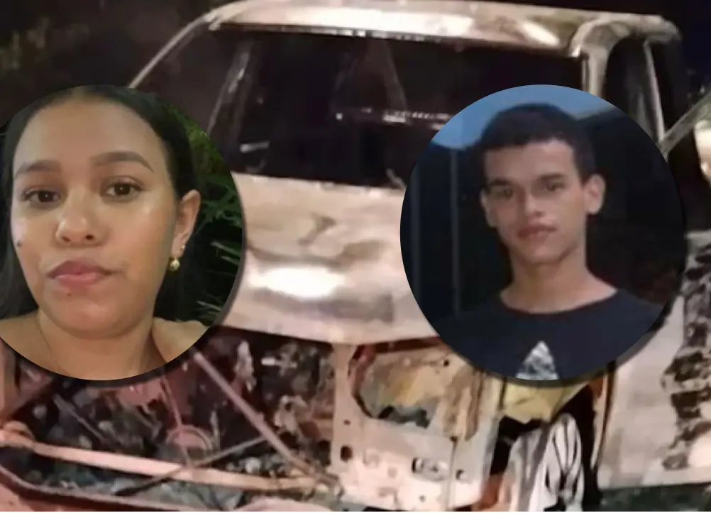 Adelante, Valeria Flórez (izquierda) y Juan Pablo Ramírez (derecha), las dos víctimas fatales. Atrás, los restos incinerados de la camioneta involucrada. Foto: cortesía.