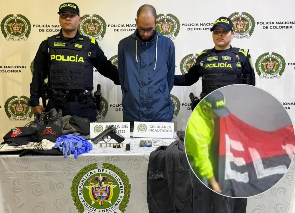 En el allanamiento de su vivienda encontraron banderas del ELN, prendas militares, un dron y notas sobre fabricación de explosivos. Fotos: cortesía