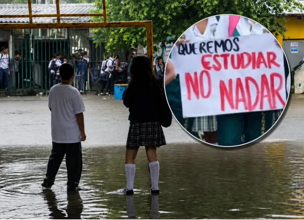 Los estudiantes del colegio Central de Currulao en Turbo protestan por las constantes inundaciones que impiden el desarrollo de sus clases. Foto: cortesía