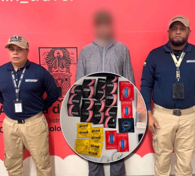Migración Colombia inadmitió a un ciudadano ruso. En su equipaje tenía decenas condones, potenciadores sexuales, memorias USB y discos duros. Foto: cortesía.
