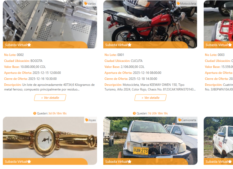 La Dian realiza constantemente remates o subastes de bienes. FOTO captura de pantalla. 