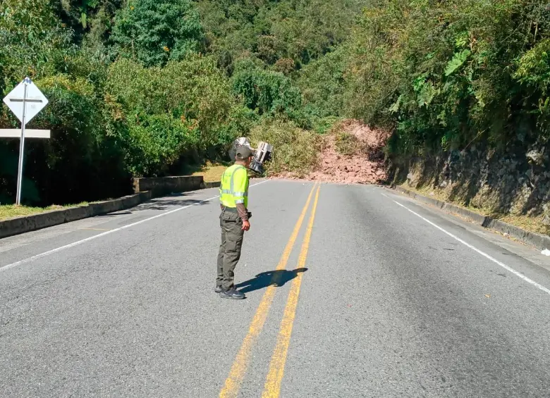 Un camión quedó atrapado por un derrumbe en uno de los tramos viales afectados. FOTO: CORTESÍA DE POLICÍA.