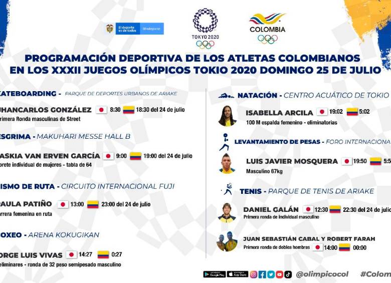 ¡Prográmese! Estos son los colombianos que compiten entre sábado y domingo en Tokio