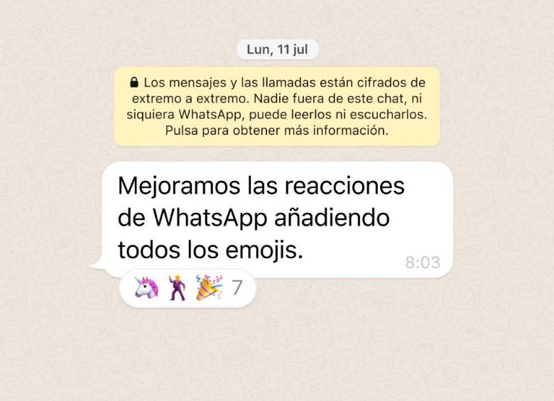 Ahora puedes reaccionar a un mensaje de WhatsApp con cualquier emoji. FOTO Cortesía 