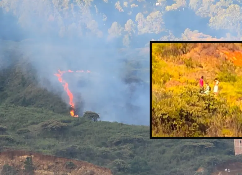 Imágenes del incendio registrado este 21 de julio de 2026 en el Cerro Quitasol. Adelante, los jóvenes que habrían iniciado las llamas. FOTO: Santiago Olivares T. y Cortesía