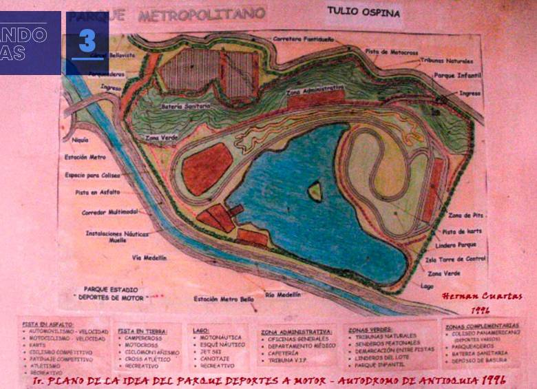La promesa de convertir el terreno de 97,6 hectáreas en un polideportivo se fue desdibujando con la destinación e invasión del predio para otros propósitos. Por esto, Hernán tomó las riendas de su recuperación, encontrando en este no solo un espacio, sino la oportunidad de convertirlo en un parque de deportes a motor y náutico. En el año 1996, entonces, diseñó y registró dicho proyecto. En la foto, uno de los primeros planos.
