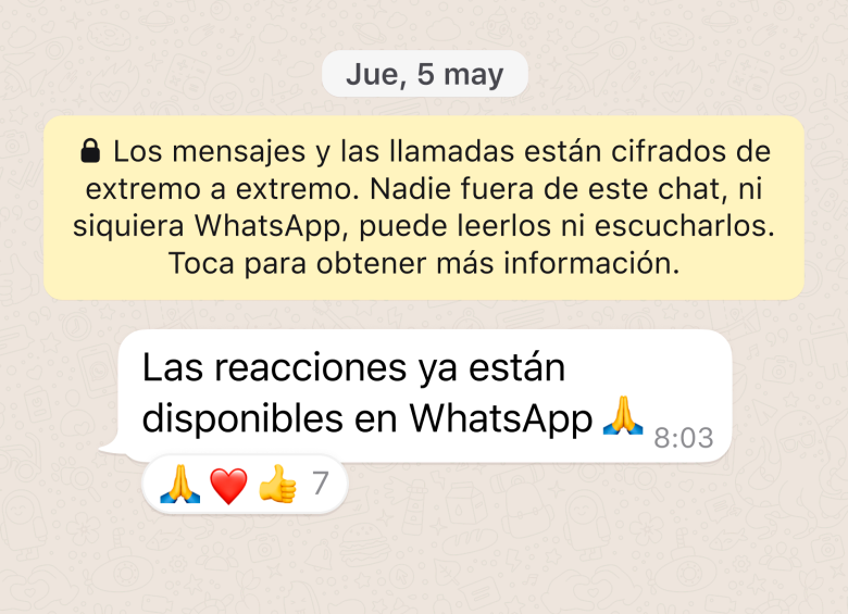 Reacciones con emojis llegan a WhatsApp. FOTO Cortesía Meta