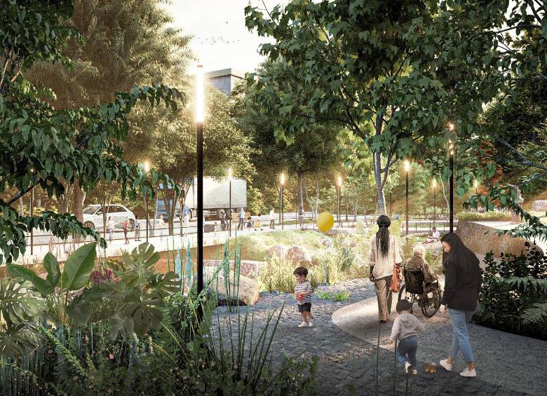 Corredores como el de La Iguaná, en el noroccidente de Medellín, serán intervenidos para generar espacio público al borde de la quebrada. RENDER: CORTESÍA