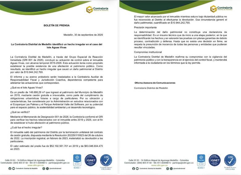 En Aguas Vivas hubo daño patrimonial de casi $11.000 millones, dice Contraloría Distrital