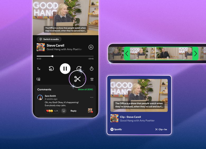 Interfaz de Spotify en dispositivo móvil; la plataforma lanzó Clips, una función que permite recortar y compartir momentos específicos de episodios de pódcast. FOTO cortesía