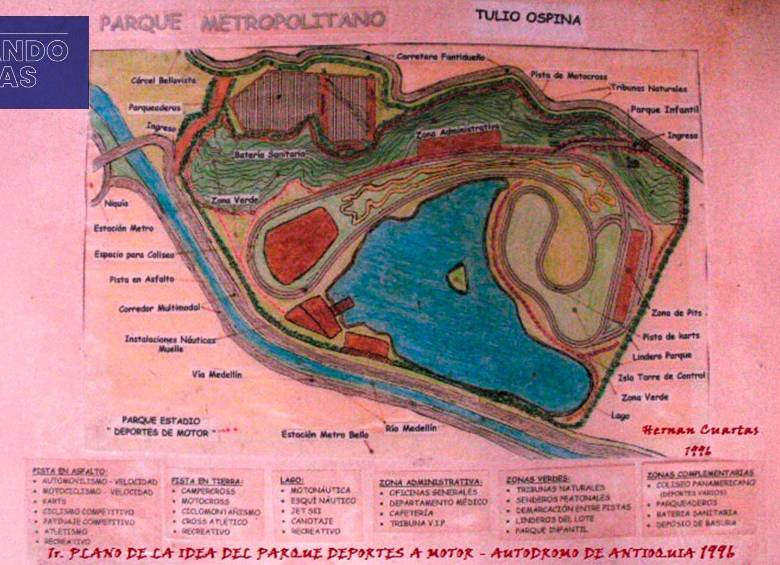 La promesa de convertir el terreno de 97,6 hectáreas en un polideportivo se fue desdibujando con la destinación e invasión del predio para otros propósitos. Por esto, el ciudadano Hernán Cuartas tomó las riendas de su recuperación, encontrando en este no solo un espacio, sino la oportunidad de convertirlo en un parque de deportes a motor y náutico. En el año 1996, entonces, diseñó y registró dicho proyecto en Bello, Medellín, el Área Metropolitana y Antioquia. En la foto, en uno de los primeros planos.