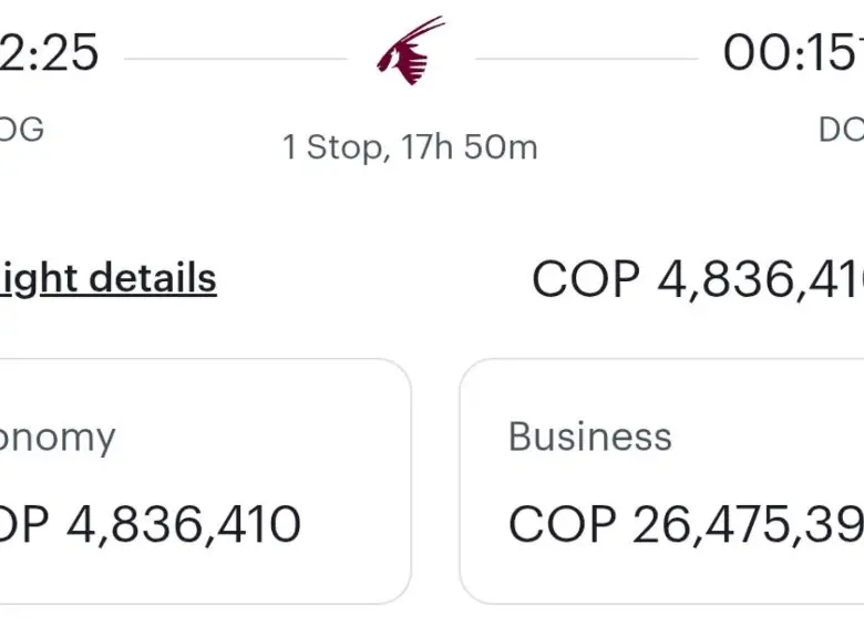 Los precios en la página de Qatar Airways para la ruta Bogotá - Doha. FOTO CAPTURA DE PANTALLA
