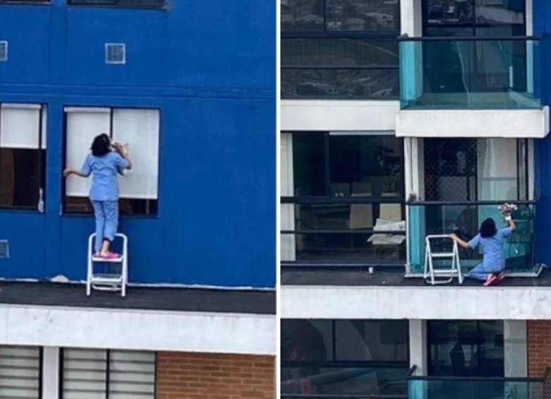 Mujer exponiendo su vida limpiando las ventanas de un piso 23. Foto: tomada de Instagram @finanzaslaluzvalbuena 