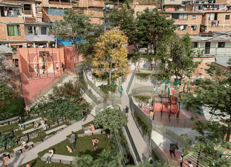 Una de las intervenciones de Corredores Azules más completa es la que se planea para la quebrada La Rafita, en el barrio 13 de Noviembre, centro oriente de Medellín. Allí habrá gimnasios y mobiliarios para el disfrute de la ciudadanía. Foto: Cortesía