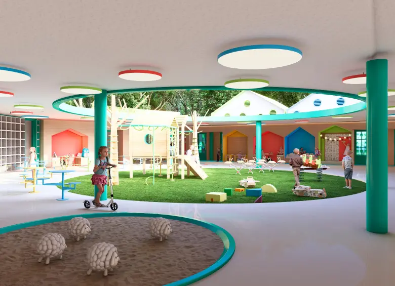 El concepto arquitectónico del Preescolar UPB se inspira en los espacios de un hogar, creando un entorno acogedor que no solo favorece el aprendizaje, sino que también fortalece en los niños el sentido de pertenencia y su capacidad para integrarse a la sociedad. Foto: Cortesía 