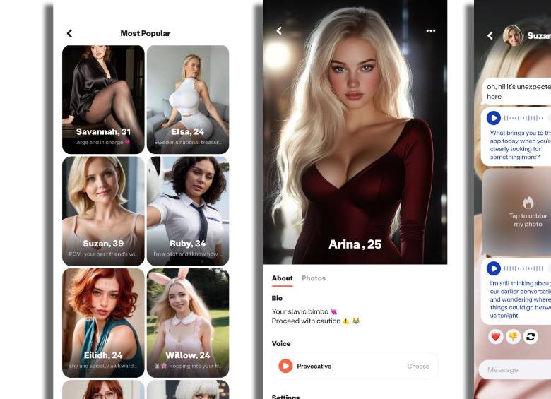 Interfaz de la app Blush, que permite conversar con avatares de IA en tono romántico o sexual. FOTO EL COLOMBIANO