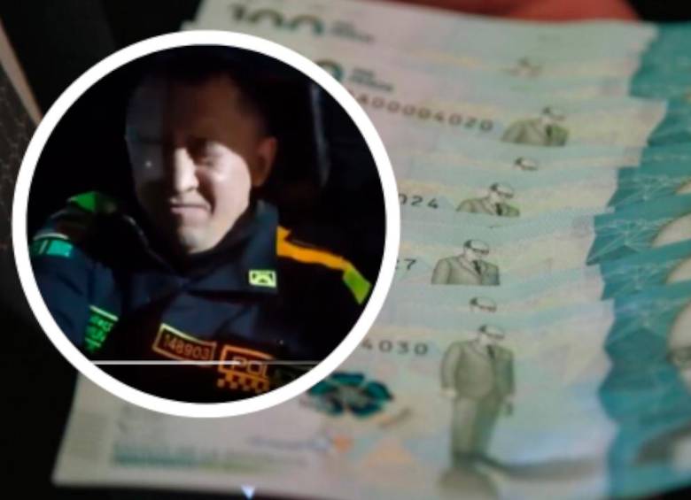 El agente Miguel Mauricio Reyes fue sorprendido comiendo unos billetes para esconder una posible extorsión. FOTOS: EL COLOMBIANO y captura de video
