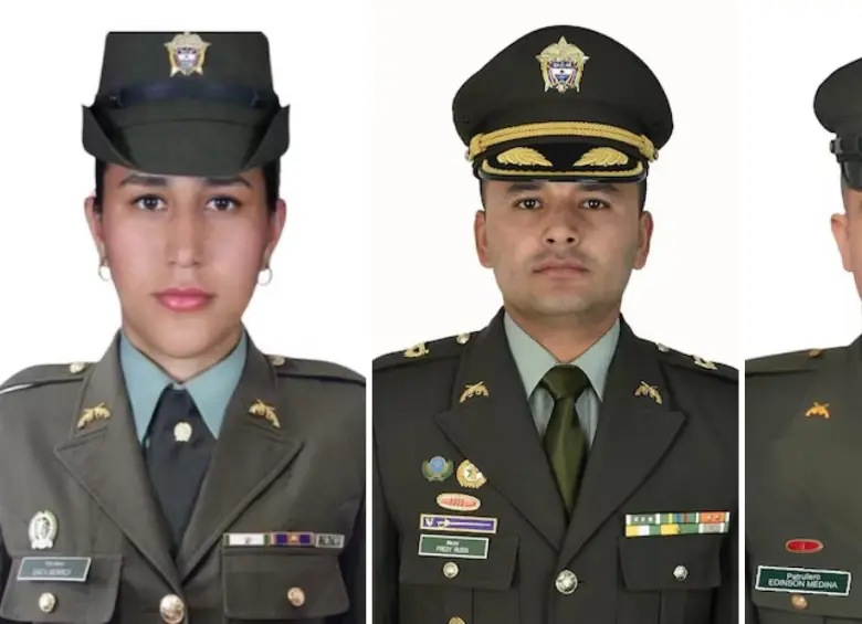 En total, son seis policías privados ilegalmente de su libertad en Norte de Santander, Cauca y Nariño. En la foto aparecen de izquierda a derecha: Erika Tatiana Monroy Hurtado, Fredy Alexis Russi González y Edinson Yesid Medina Traslaviña. Son los tres secuestros más recientes. FOTO: EL COLOMBIANO