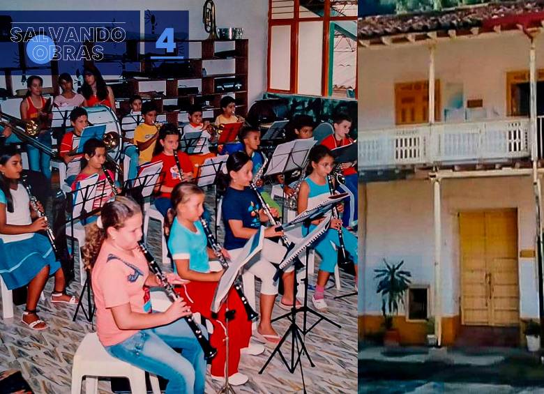 En su historia, la Escuela impartió clases gratuitas a niños, jóvenes y adultos de instrumentos de cuerdas pulsadas como guitarra; de cuerdas frotadas como violín; de vientos como el clarinete, y de percusión como la batería. Su labor fue reconocida y, en el año 2012, fue declarada como Patrimonio Cultural del Municipio. A pesar de esto, la Corporación continuaba sin un lugar adecuado donde realizar los ensayos, siendo casas antiguas y colegios sus principales escenarios. En ese mismo año, entonces, se comenzó a gestar el proyecto de un espacio propio y adaptado a sus necesidades. En la foto, la antigua Casa Cultural del municipio y la banda municipal en el I.E. Alejandrino Restrepo.