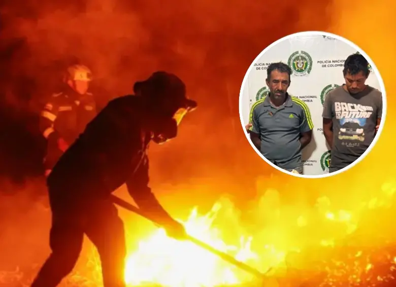 Los dos hombres fueron capturados en medio de un intento de avivar las llamas en Dolores. Foto. Gobernación del Tolima/Fiscalía. 