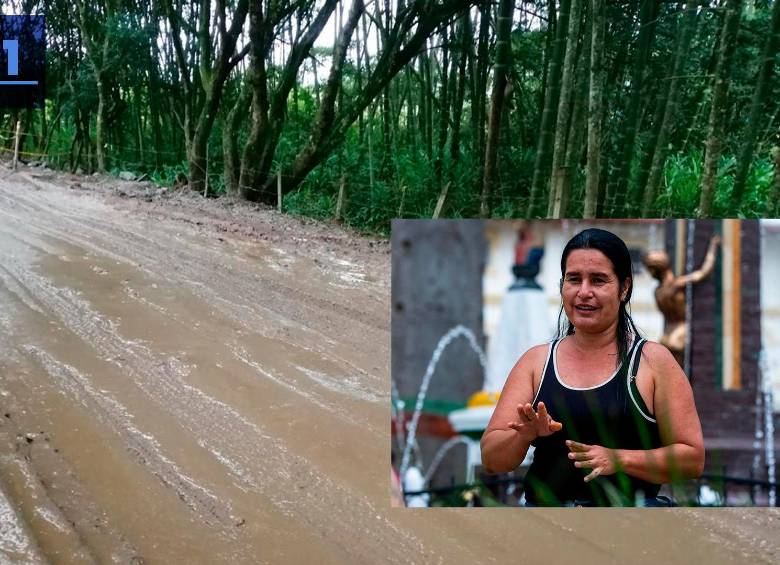 Cuando Sandra Álvarez llegó a El Zacatín en enero del 2012 sus hijas tenían 5 y 7 años de edad. Las calles, aún sin pavimentar, se llenaban de barro con las constantes lluvias y el camino a su hogar se volvía peligroso al estar ubicado sobre una pendiente. A estas condiciones se sumaba una que generaba problemas de salud pública: en el sector no había acueducto para llevar agua potable ni alcantarillado para encargarse de las aguas residuales. En la foto, antes de su pavimentación, el túnel verde que hace parte del sector El Zacatín. Un tramo de la carretera que conecta con Vegachí. En la parte inferior derecha, Sandra Álvarez en 2025.