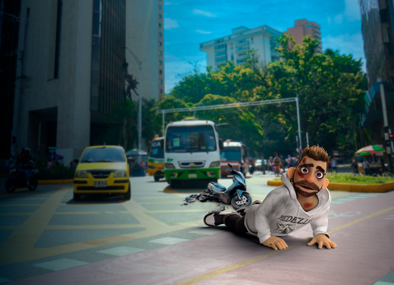 Jhon Visaje es uno de los personajes de la campaña Te queremos vivo de la Alcaldía de Medellín. Él viaja a toda velocidad, zigzagueando entre carriles, no usa casco o se lo pone sin abrocharlo, no respeta los semáforos, ni los pares. Fotos: cortesía. 