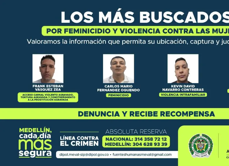 Este es el cartel de los más buscados por delitos contra las mujeres. FOTO: Cortesía Policía Metropolitana del Valle de Aburrá