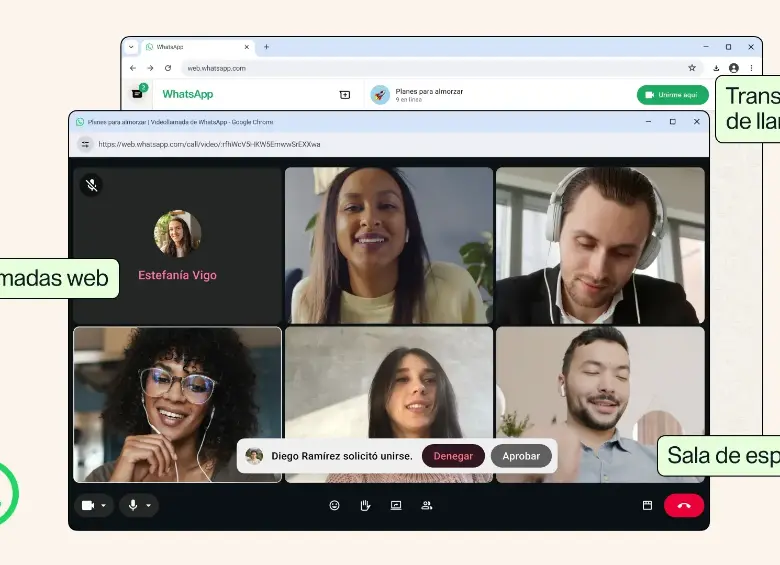 WhatsApp estrena llamadas desde WhatsApp Web sin necesidad de descargar aplicaciones, junto a nuevas funciones de transferencia entre dispositivos, sala de espera, video QuickHD y cancelación de ruido de fondo. FOTO cortesía WhatsApp/Meta