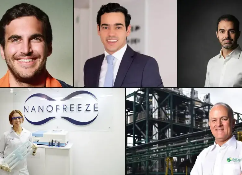 Imagen arriba: José Gedeón, cofundador de Cobre; Luis Alberto Rodríguez, fundador de Dapper; y Santiago Suárez, cofundador de Addi. Imagen abajo: Isabel Pulido, fundadora de NanoFreeze y Mauricio Velásquez, presidente de Sucroal. Foto: Forbes Colombia.