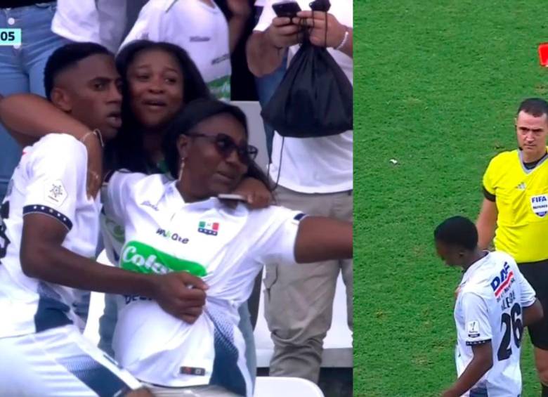 Yéiler Valencia abrazando a su madre y posteriormente expulsado. FOTOS DIMAYOR