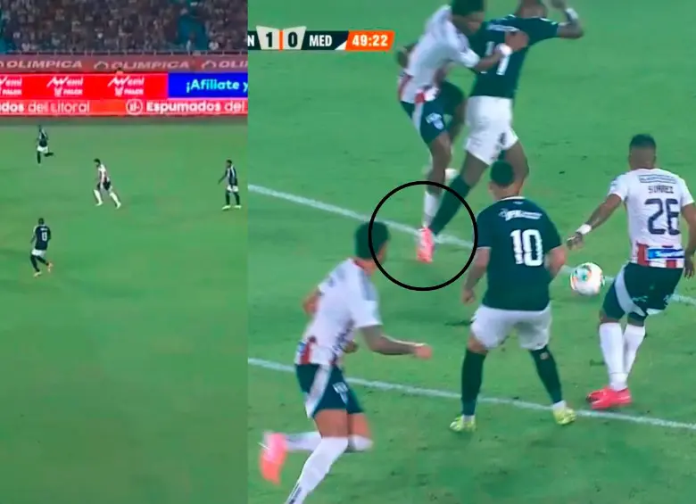 En las imágenes se puede apreciar el contacto de Didier Moreno por debajo y también sujetando a Baldomero por encima, sosteniéndolo hasta dentro del área. FOTOS PANTALLAZOS TOMADOS DE WIN SPORTS