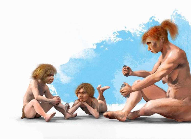 Una mujer neandertal enseñando a los niños de la comunidad a tallar. Imagen J. A. Peñas, SINC